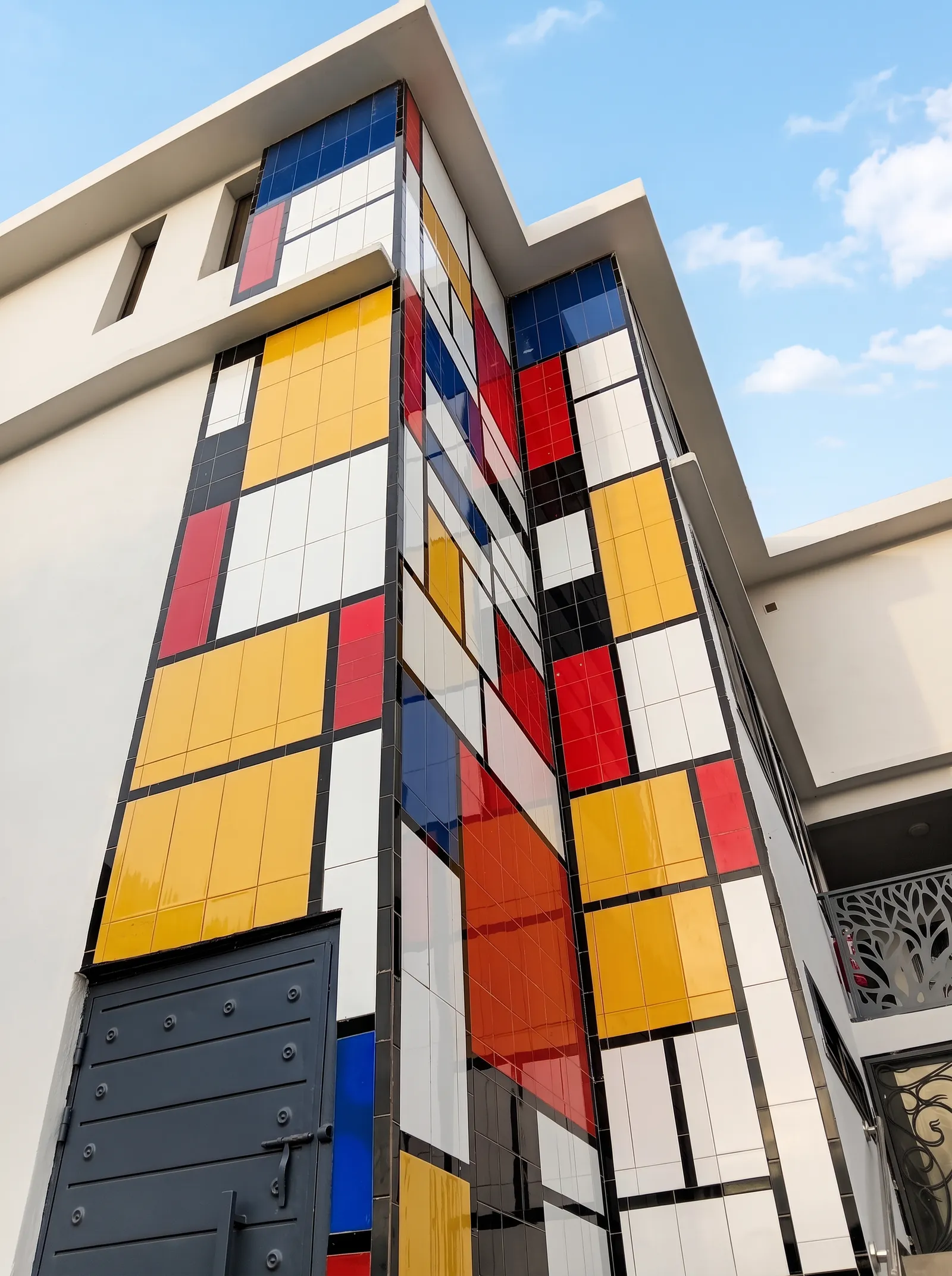 Détail de la façade du Mondrian : composition de carreaux blancs, rouges, bleus et jaunes séparés par des lignes noires.